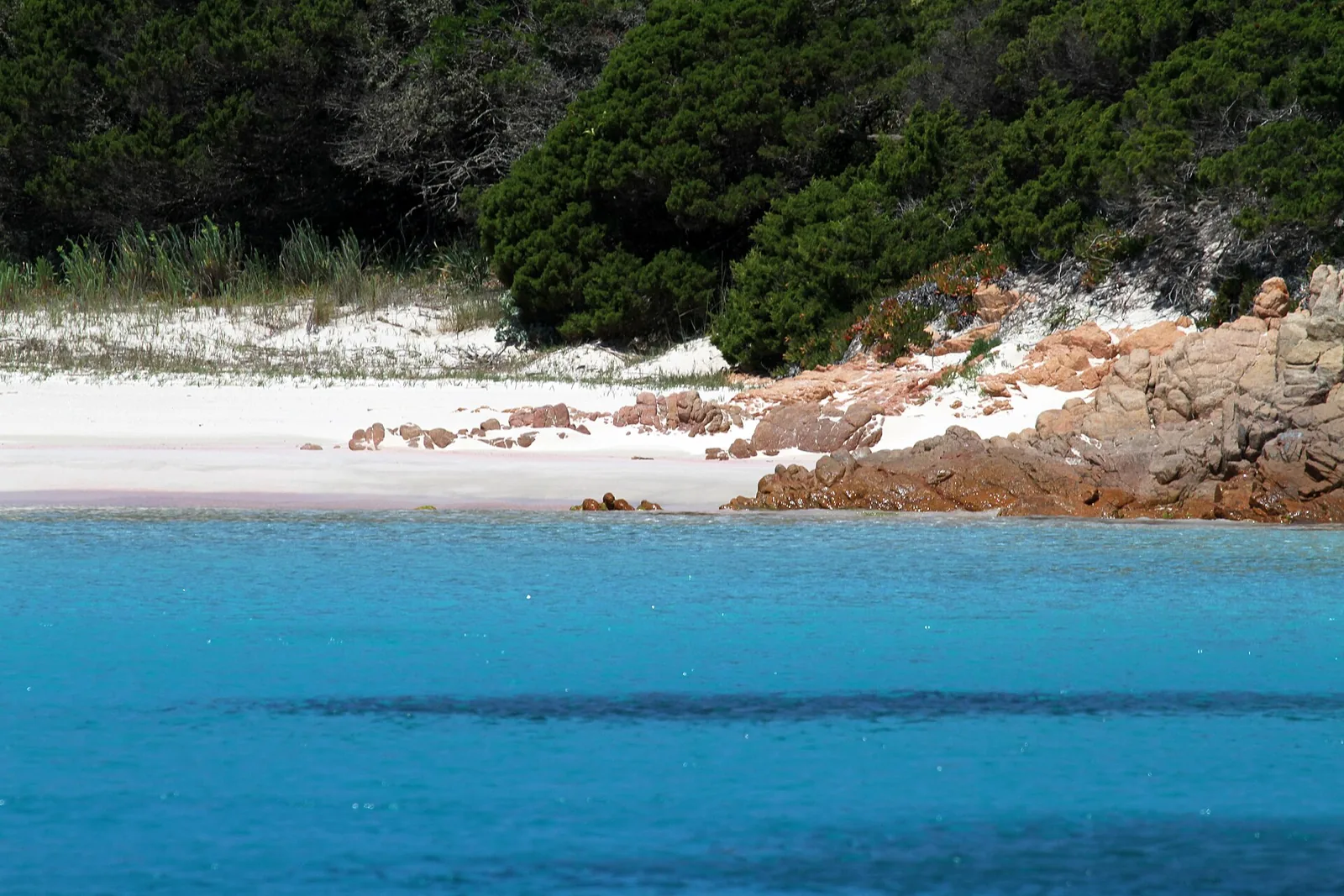 Sabbia rosata di Budelli vista dal mare, tra rocce di granito, verde basso e acqua turchese