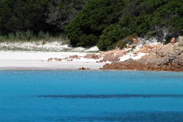Sabbia rosata di Budelli vista dal mare, tra rocce di granito, verde basso e acqua turchese