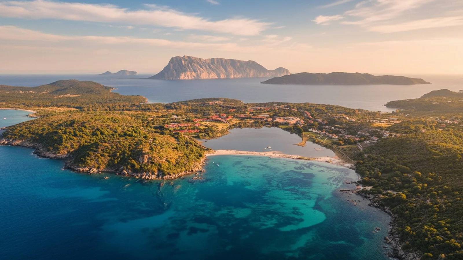 Il golfo di Olbia visto dall'alto, con l'isola di Tavolara sullo sfondo e le calette di sabbia chiara